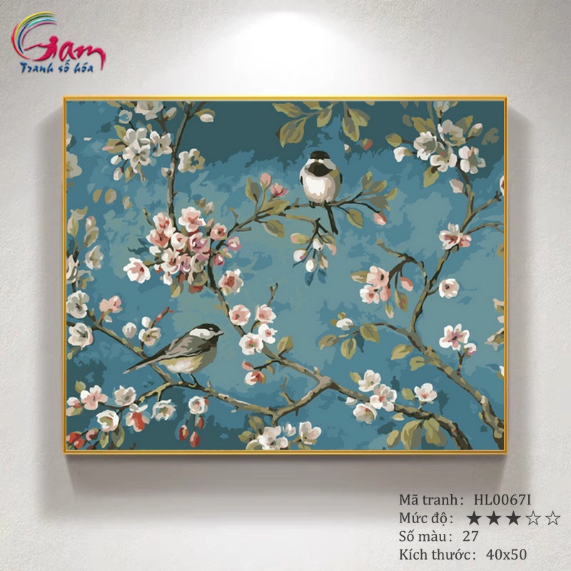 Tranh số hoá Gam đôi chim trên cành hoa mai căng khung 40x50cm HL0067I