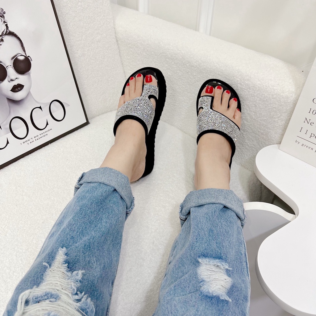 Dép đế xuồng 7 phân chất nhung quai xỏ ngón đính đá sang chảnh form chuẩn bền đẹp cực dễ mang