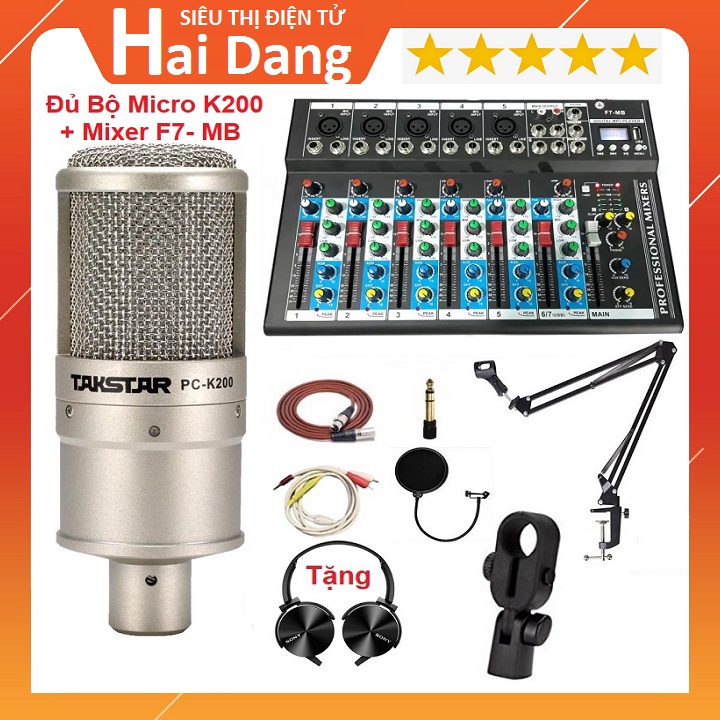 Combo Mixer F7 MB USB Bluetooth, Micro PC-K200 Chính Hãng Takstar - Đủ Phụ Kiện Kẹp Micro - Tặng Tai Nghe Ốp Tai