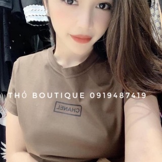Áo thun cotton tay ngắn cổ tròn in chữ Cha.nel đen, be, trắng, nâu