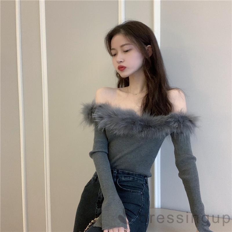 Áo len tay dài cổ thuyền màu trơn phối lông thời trang dành cho nữ