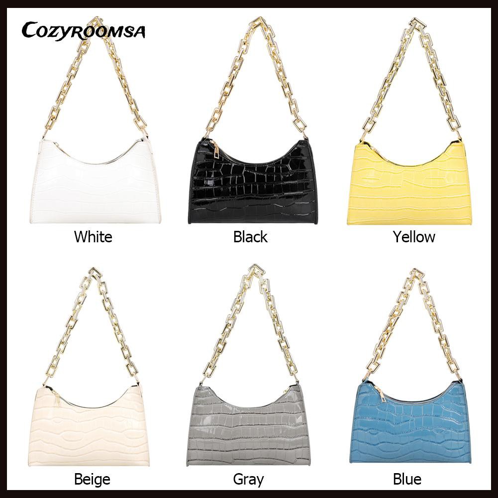 Túi xách kẹp nách da Pu họa tiết da cá sấu màu trơn phối dây xích thời trang cho nữ