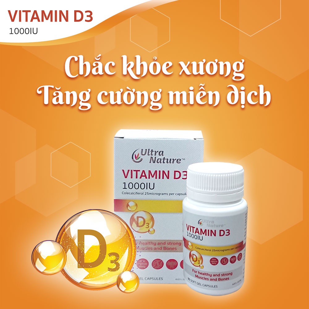 Vitamin D3 1000IU Ultra Nature - Giúp chắc khỏe xương, Tăng cường miễn dịch thêm vitamin E, Dầu đậu nành - Hộp 30 viên