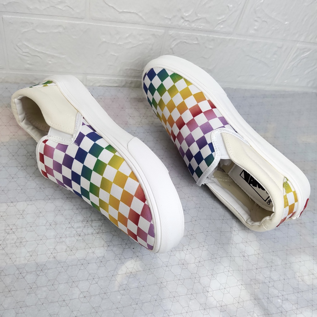 Giày Thể Thao Van Lười Caro Bảy Sắc Cầu Vồng, Slipon Bảy Màu Nam Nữ Fullbox