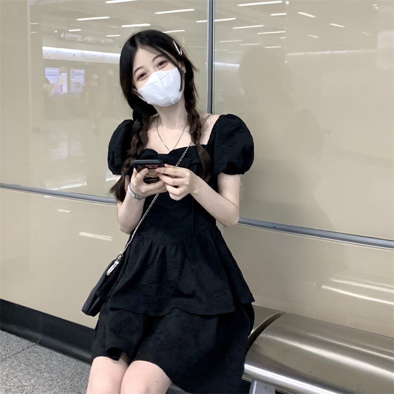 Đầm Công Chúa Dáng Ôm Cổ Vuông Màu Đen Thời Trang Mùa Hè Cho Nữ