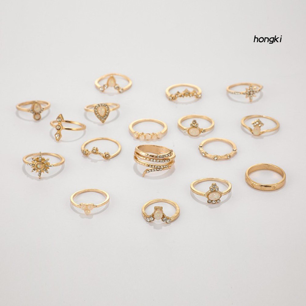 Set 17 nhẫn đính đá quý nhân tạo phong cách bohemian thời trang cho nữ