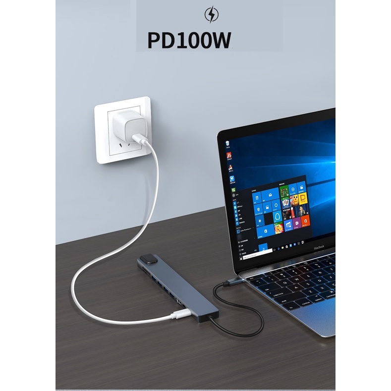 Bộ Hub Chuyển Đổi Type-C HDMI 4k 30hz Usb 3.0 Đọc Thẻ SD/TF 8 Trong 1 Hợp Kim Nhôm