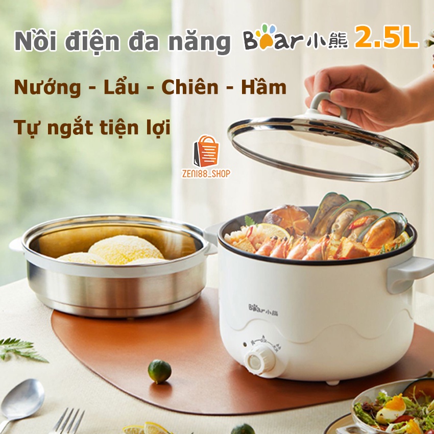 Nồi điện đa năng KÈM LỒNG HẤP chính hãng Bear 2,5L tự ngắt, tay cầm chống nóng, công suất 800W chiên, xào, nấu, lẩu,..