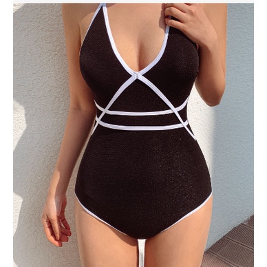 Mẫu mới 2023 Bikini Hàn Quốc một mảnh cơ bản màu đen sọc trắng tôn dáng tôn ngực đồ bơi, đi biển