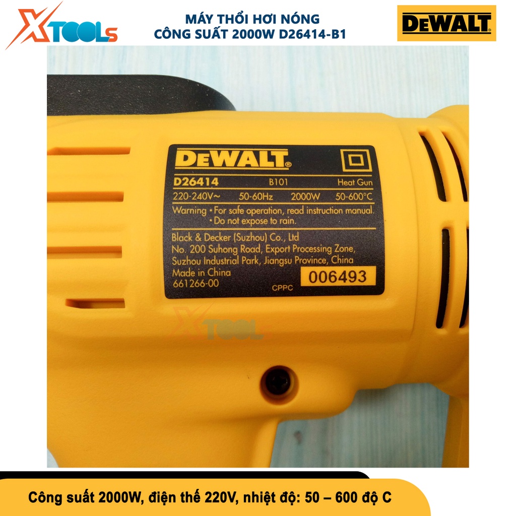 Máy khò màng co DEWALT D26414-B1 2000W, máy thổi hơi nóng màn hình LCD hiển thị nhiệt độ, nút điều chỉnh nhiệt 50-600°C