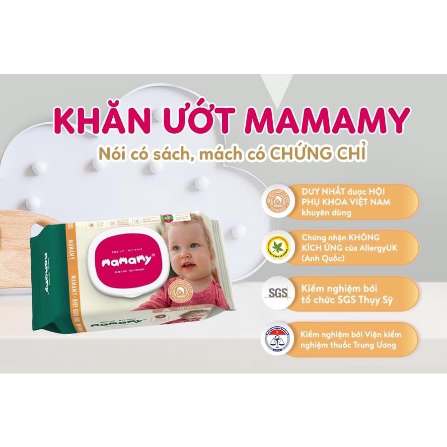 Khăn ướt Mamamy 100 tờ có nắp, không mùi, không chặn giấy