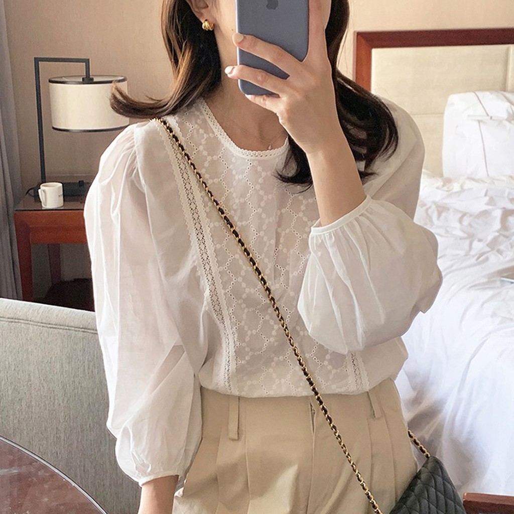 Áo babydoll tay bồng phối ren (hàng QC) - Ảnh thật