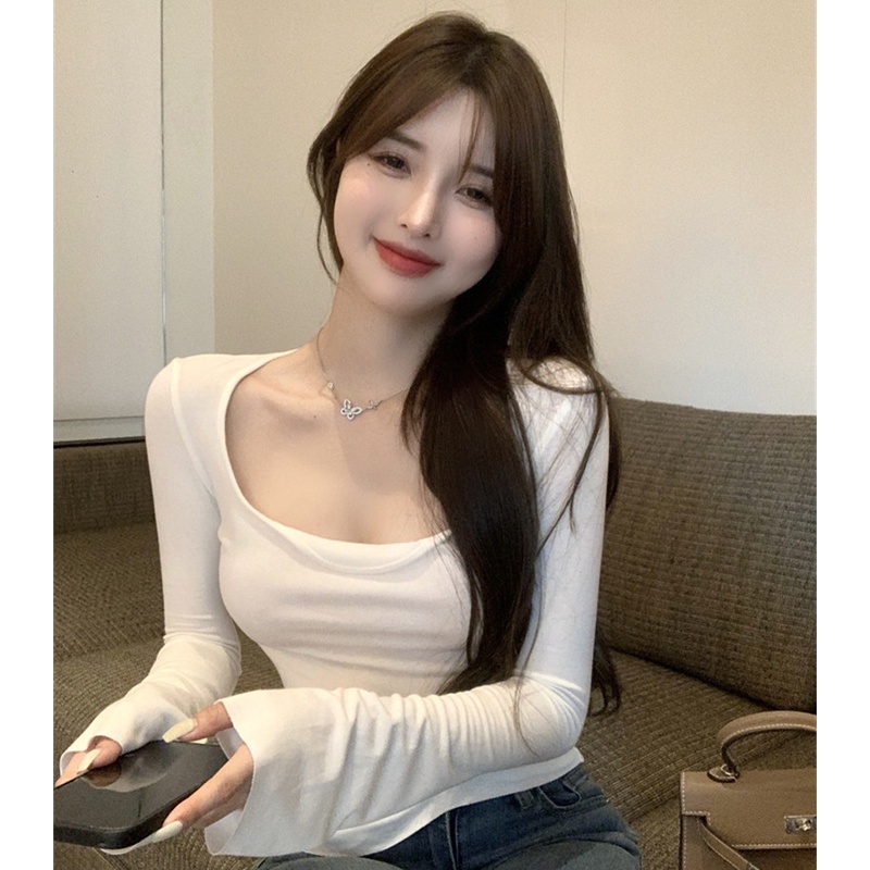 Áo Thun Tay Dài Cổ Vuông Dễ Phối Đồ Thời Trang Mùa Thu Cho Nữ