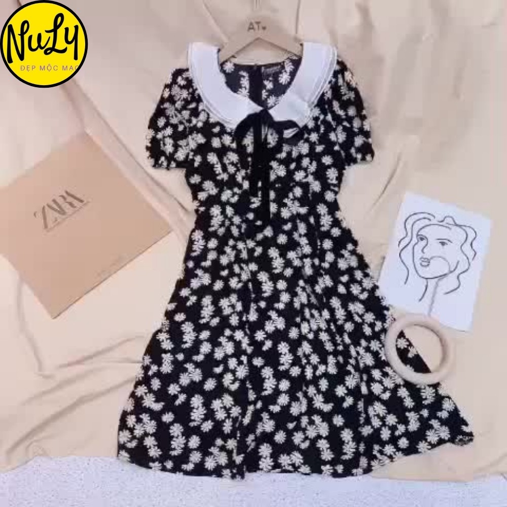 Váy Đầm Hoa Cúc Cổ Ren Tay Ngắn Dáng Dài Xòe,Váy Thiết Kế Hotrend Phong Cách Hàn Quốc Freesize<70kg