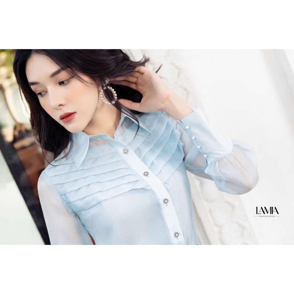 Áo sơ mi màu xanh dương xếp ly ngang cách điệu LUXA003 Lamia Design