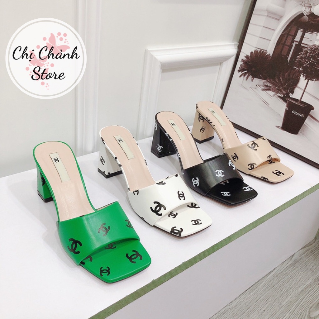 Guốc, Dép Cao Gót 7p Siêu HOT Hàng Chuẩn Form Chất Da Mềm Mịn Đi Cực Êm - 4 Màu Trắng Đen Xanh Kem Logo Chị Chảnh Store