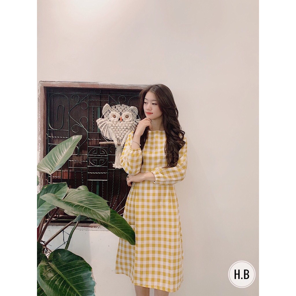 Váy kẻ caro thắt nơ eo dài tay MSTRT8