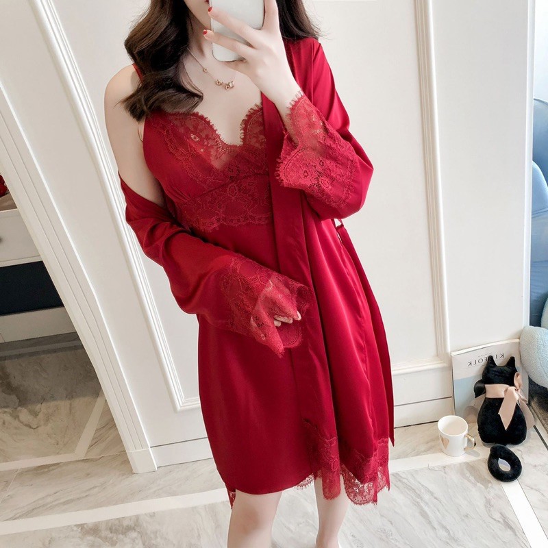 Set váy ngủ⚡️FREESHIP⚡️Đồ mặc nhà lụa cao cấp, Đồ ngủ  Gồm Váy viền ren và áo choàng Sexy gợi cảm, 4 màu xinh xắn | BigBuy360 - bigbuy360.vn
