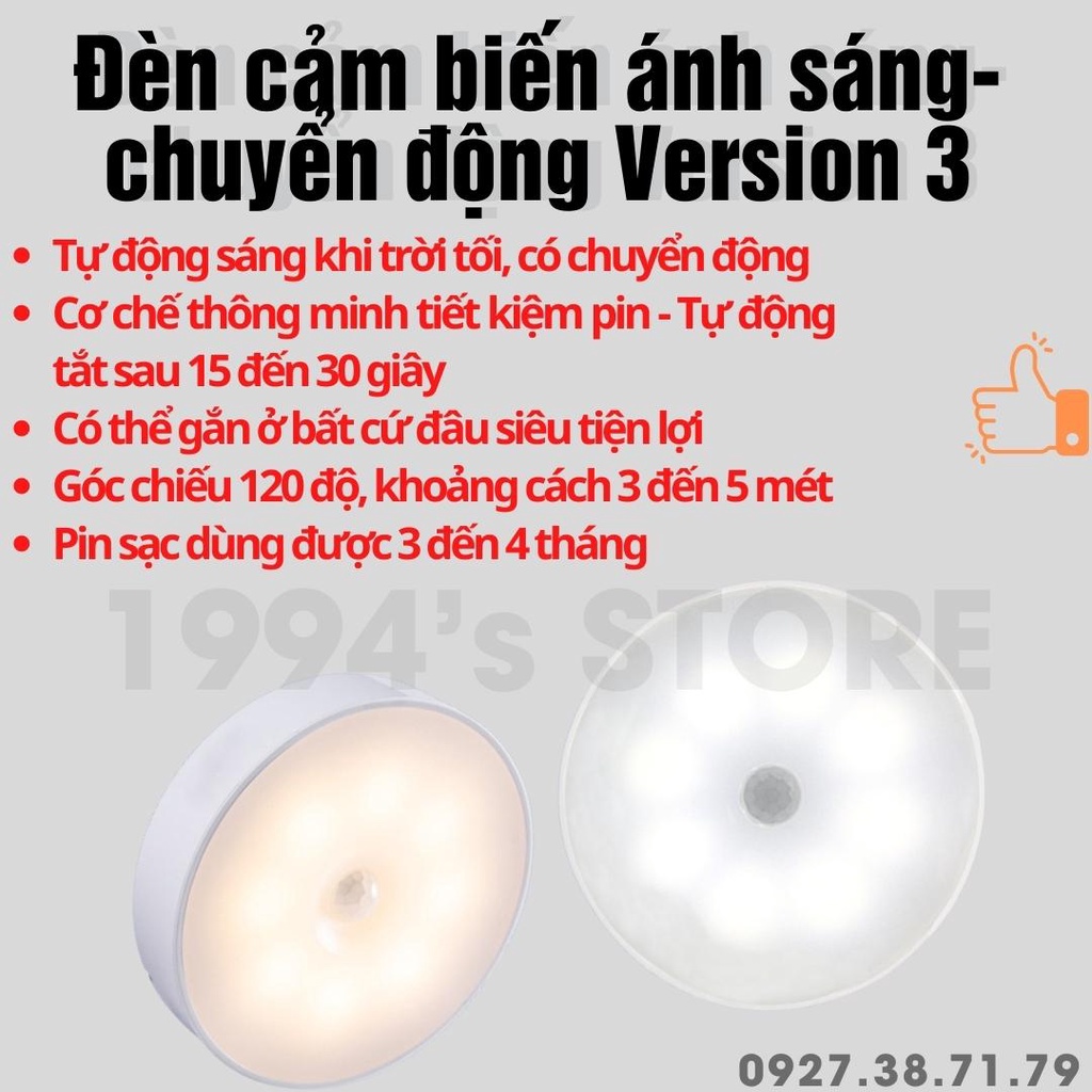 (CÓ SẴN) Đèn ngủ cảm biến ánh sáng và chuyển động sạc bản Version 3 - Đèn Led cảm ứng tự sáng khi có chuyển động ban đêm