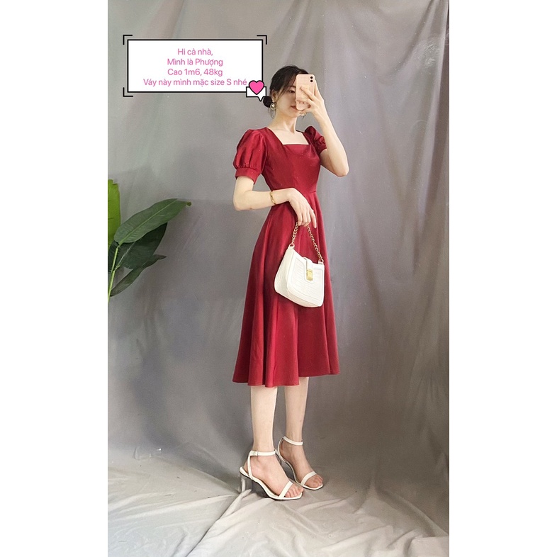 Đầm Nữ Tay Bồng Vintage - Váy Nữ Dáng Xòe Cổ Vuông Đáng Yêu kèm video ảnh thật, Vaycovuongcoc125