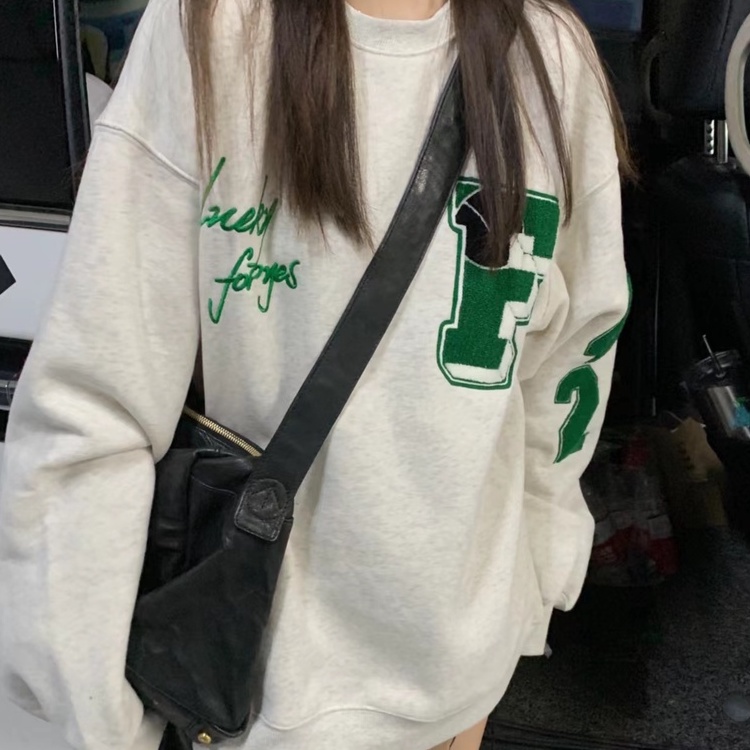 ZHELIHANGFEI Áo Thun Tay Dài Cổ Tròn Với Họa Tiết Thêu Theo Phong Cách Preppy