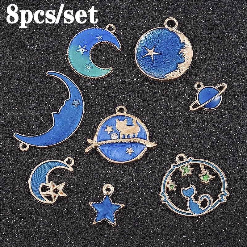 Set 8 Mặt Vòng cổ/Khuyên Tai/Vòng cổ Thủ Công Hình Trăng Sao Màu Xanh DIY
