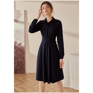 Đầm sọc xanh đen tay dài cổ sơ mi cột dây eo