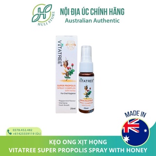 3/25 Keo ong xịt họng, Glgiảm đau họng và ho Vitatree Super Propolis Spray Complex with Honey 25ml