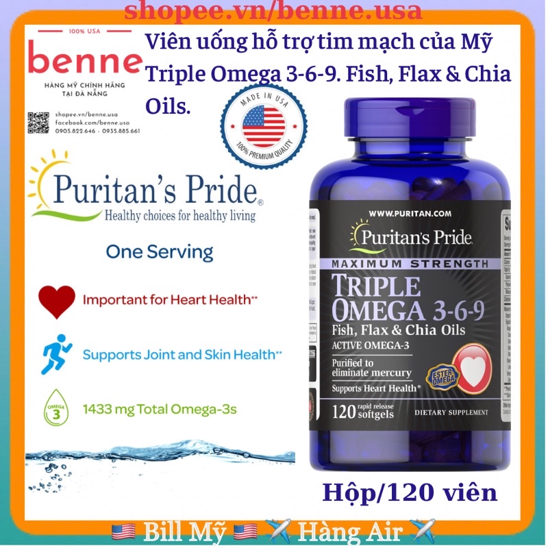 Viên uống Maximum Strength Triple Omega 369 Fish Flax Borage Chia Oils Puritan's Pride của Mỹ