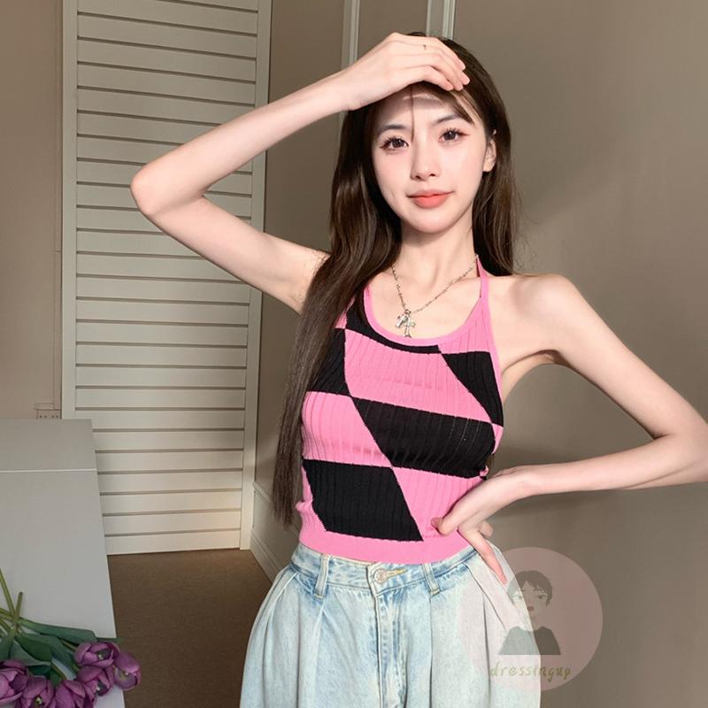 Dre-áo Dệt Kim Hai Dây Ôm Dáng Họa Tiết Kẻ Sọc Màu Sắc Tương Phản Thời Trang Mùa Hè Dành Cho Bạn Nữ