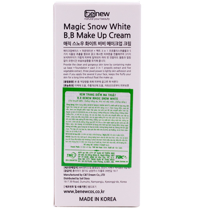 Kem nền BB CREAM BENEW MAGIC SNOW WHITE 3IN1 Hàn quốc 50ml/Hộp