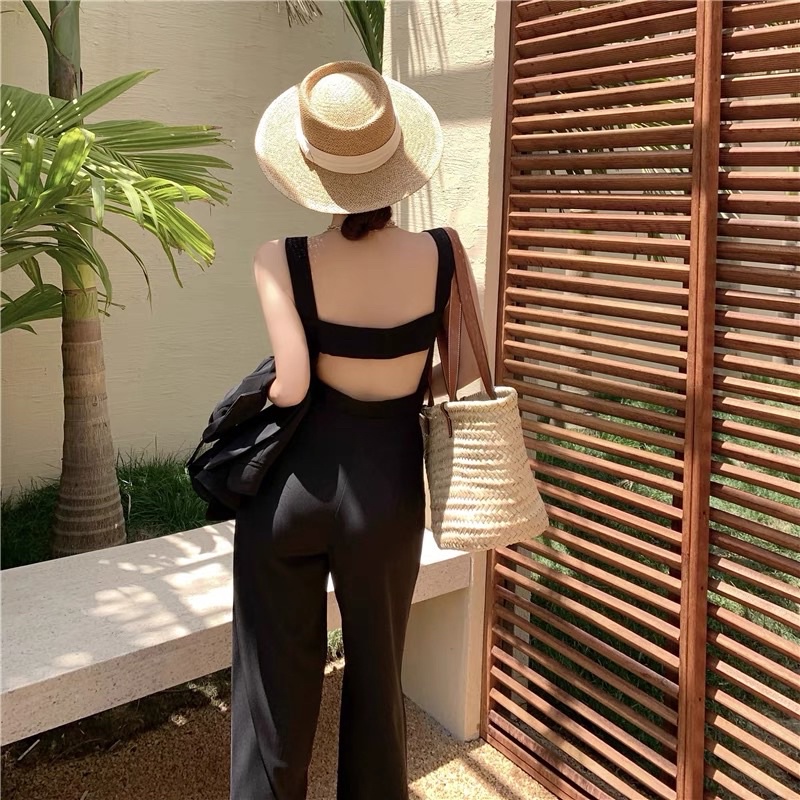 Set jumpsuit nữ áo hai dây quần ống suông kèm áo khoác blazer dáng croptop cut out ở lưng