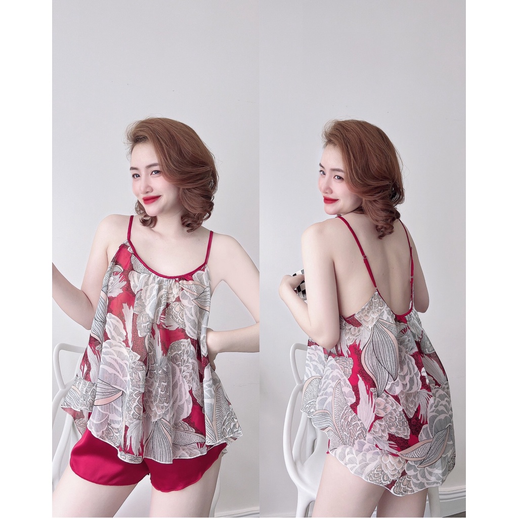 Đồ Ngủ Sexy Nữ,  Bộ Yếm Voan Tơ  Sexy Satin Phối Voan 40<65kg