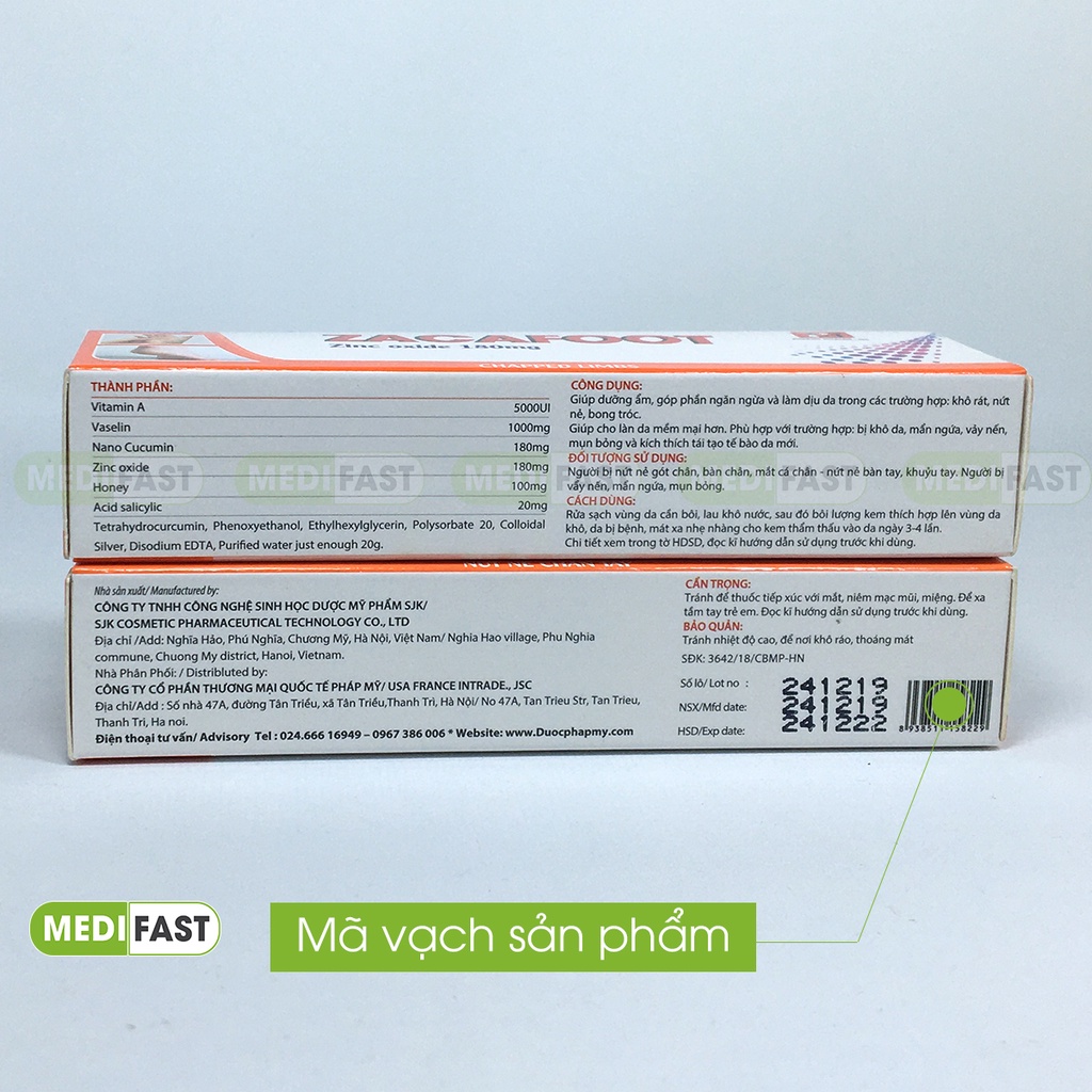 Kem dưỡng ẩm gót chân tay từ Kẽm Oxyd Zacafoot tuýp 20g, giảm nứt nẻ ,tinh chất nghệ Nano Curcumin, vaseline và mật ong