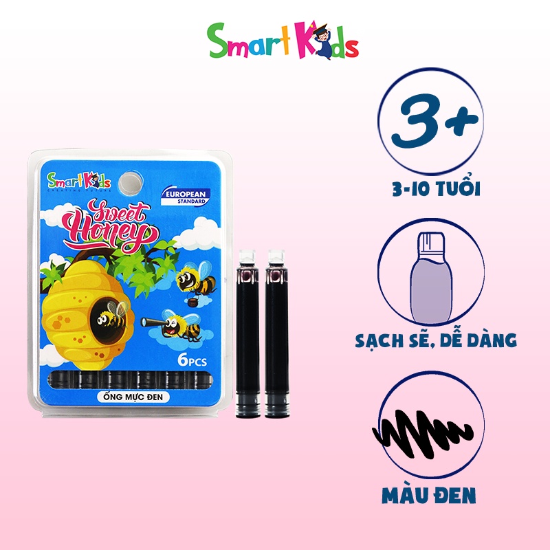 Ống mực smartkids mực đen SK-Fl2002BL (6 ống/vỉ), dành cho học sinh cấp 1, mực chảy đều, thấm nhanh, không lem mực