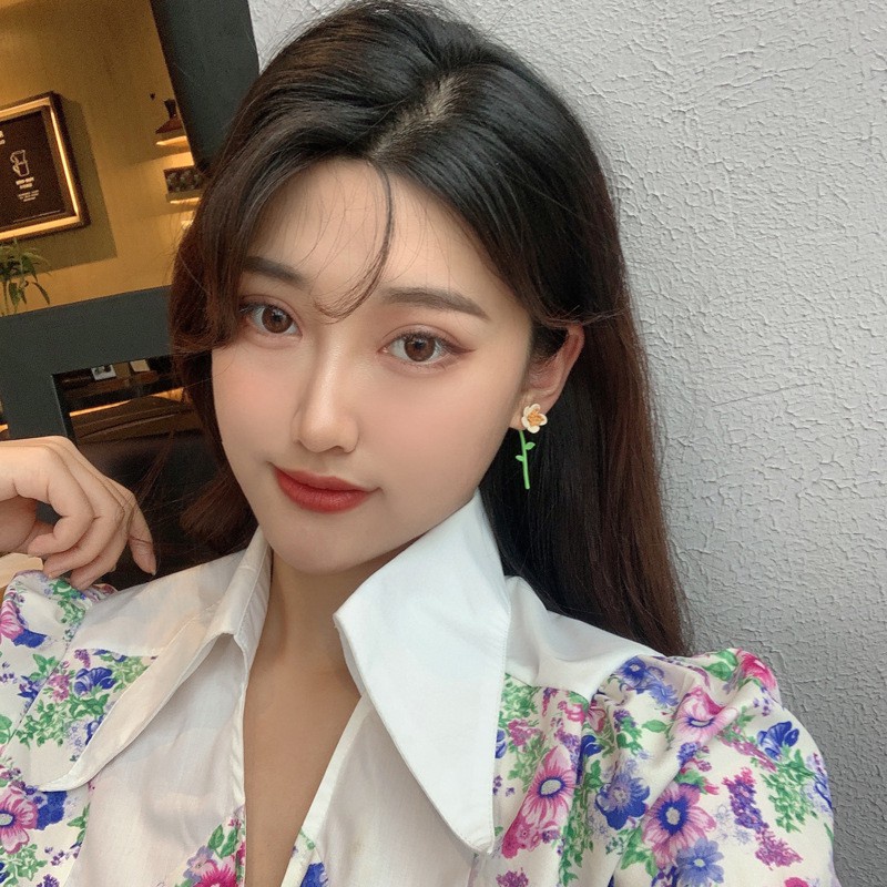 Bông tai bạc S925 hình hoa màu sắc tương phản phong cách Nhật Hàn thời trang cho nữ F275