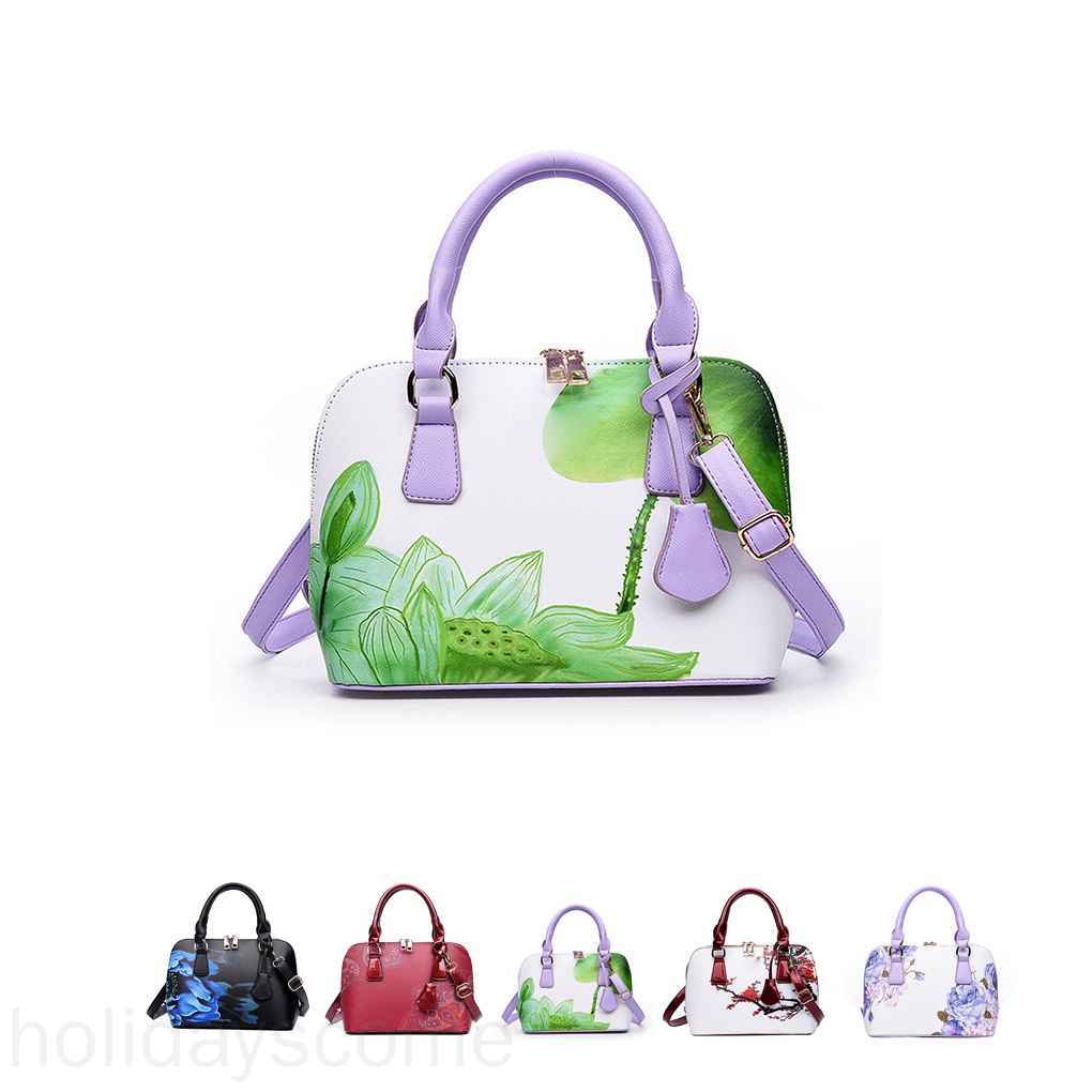 Floral Printed Women Girl Double Zipper PU Single-shoulder Bags Handbag 4 Rivets Bottom Crossbody Messenger Bags holidayscome