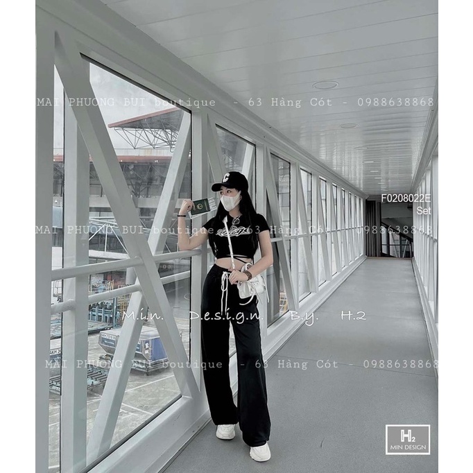 Set bộ thể thao áo croptop in chữ cột dây eo xịn sò phối quần suông