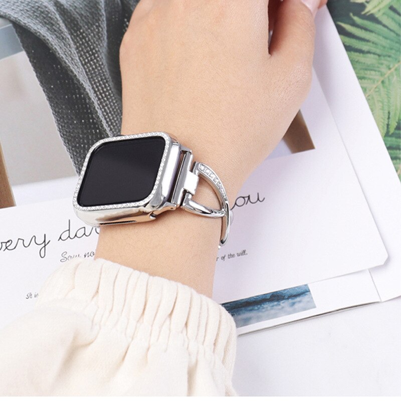 Dây Đeo Đồng Hồ Bằng Thép Không Gỉ Đính Kim Cương Cho iWatch Series 7 6 41mm 45mm 40mm 44mm 38mm 42mm SE 6 5 4