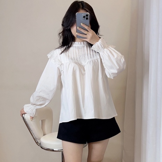 Áo baby doll cánh tiên dài tay, cổ bèo xếp ly ngực