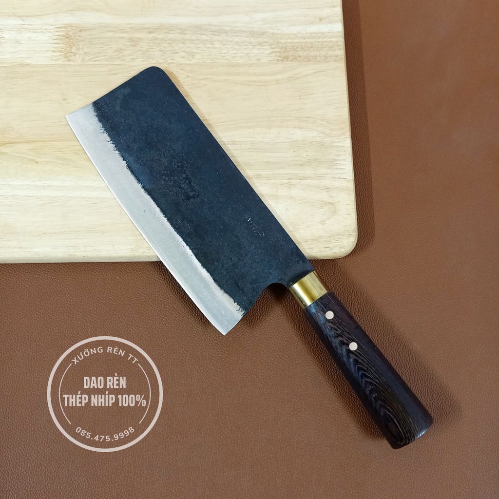Dao Chặt Xương Thép Nhíp Nga - Dao Làm Bếp Rèn Thủ Công, Cán Gỗ Mun Cao Cấp
