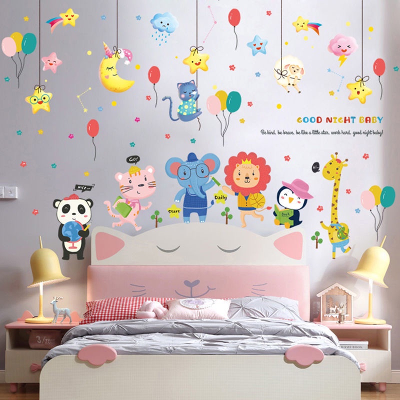 Phim hoạt hình dán tường phòng trẻ em phòng ngủ giấy dán tường đầu giường ， Phim hoạt hình tự dính Tranh dán động vật ， Tường lớp học mẫu giáo Giáo dục sớm Dán tường trang trí