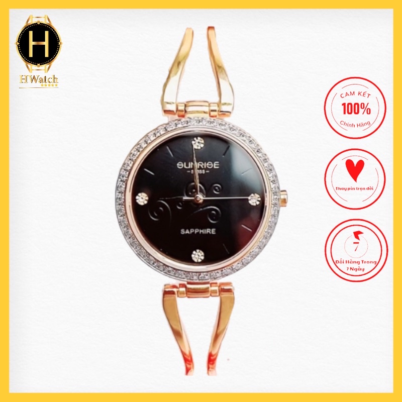 Đồng Hồ Nữ Lắc Tay Sunrise SL9934SWA Máy Pin Mặt Đen DÂY Vàng