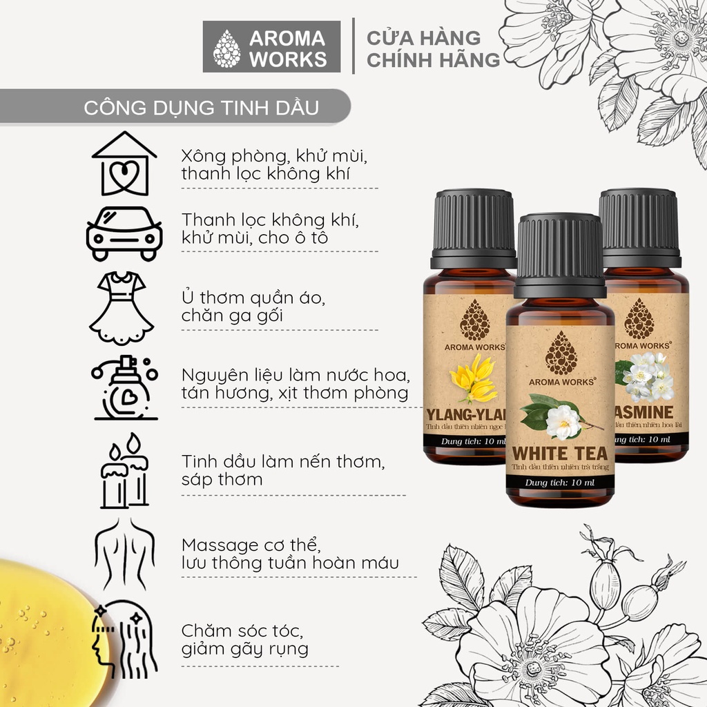 Tinh dầu thơm phòng Aroma Works hoa Oải Hương - Hoa Lài - Phong Lữ - Trà Trắng - Ylang làm nến thơm