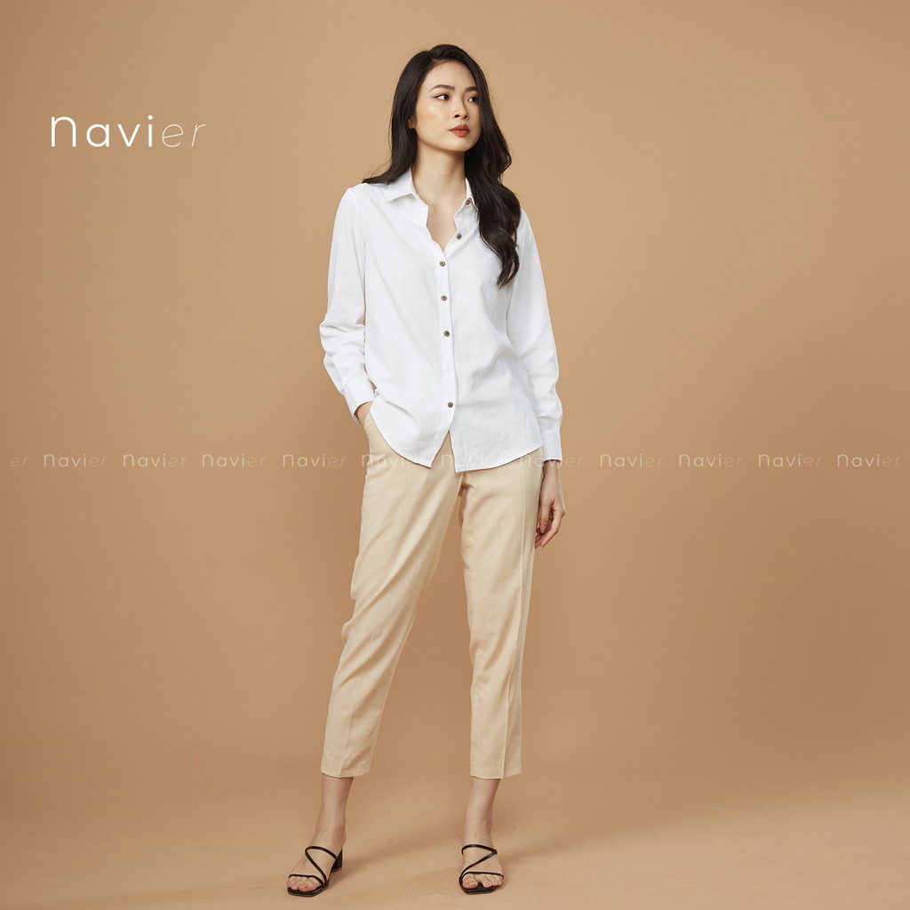 ÁO SƠ MI NỮ DÀI TAY CÔNG SỞ CỔ ĐỨC BASIC VẢI ĐŨI NHIỀU MÀU - LINEN SHIRT SM01 NAVIER | BigBuy360 - bigbuy360.vn