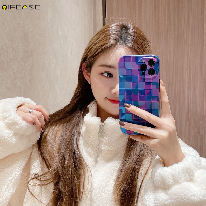 Ốp Điện Thoại Mềm Họa Tiết Sọc Caro Màu Gradient/Xanh Dương/Tím Cho iPhone 13 12 12 11 Pro Max XS Max XR X 7 8 Plus