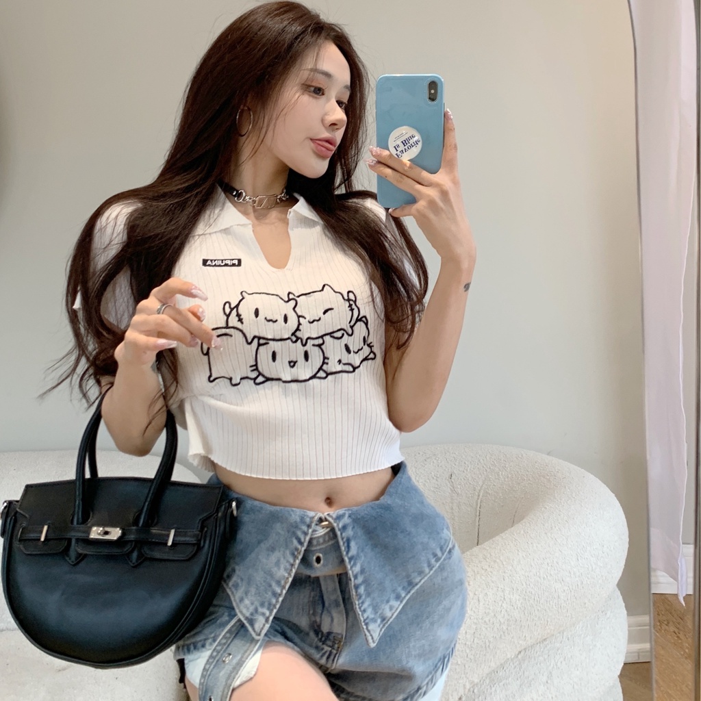 Áo croptop ZHELIHANGFEI cổ polo dệt kim tay ngắn thiết kế quyến rũ cá tính cho nữ