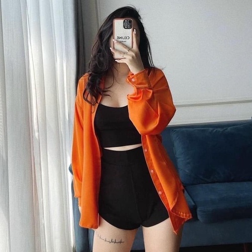 Áo sơ mi nữ basic dài tay Shynstores màu cam vải thô đũi form rộng