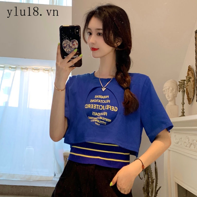 Áo Thun Ngắn Tay Giả Hai Lớp Phong Cách Phương Tây Thời Trang Mùa Hè Cho Nữ