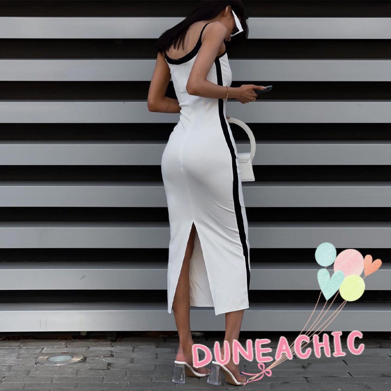 DUNEA Đầm hai dây xẻ tà màu tương phản thời trang dành cho nữ